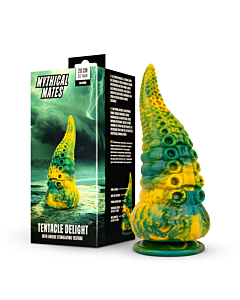 Mythical Mates - Tentacle Delight Green & Yellow - dildo next to its box