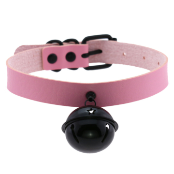 Black Bell Leather BDSM Collar Pink
