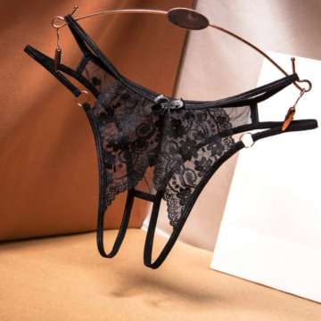 Women Sexy Open Lace Thong Black