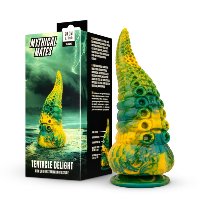 Mythical Mates - Tentacle Delight Green & Yellow - dildo next to its box Mythical Mates - Tentacle Delight Green & Yellow - dildo next to its box