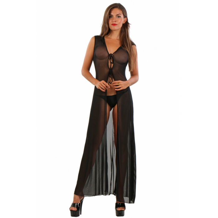 Long negligee in fine fishnet, with hood - 19963-BLACK Long negligee in fine fishnet, with hood - 19963-BLACK