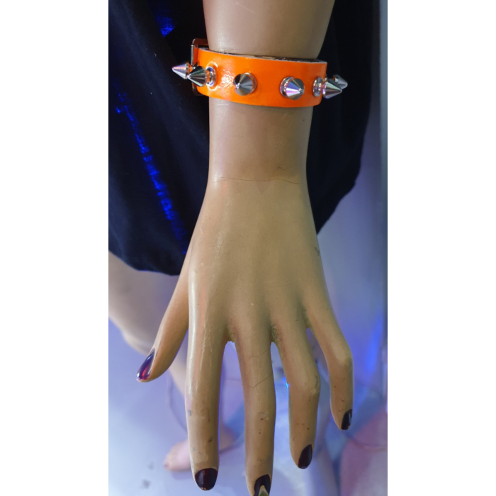 Leather Handmade Wristband with Spikes - Orange - BDSM Leather Handmade Wristband with Spikes - Orange - BDSM