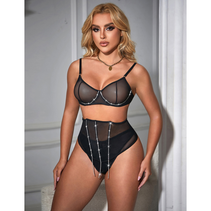 5 Bones Black Mesh Sexy Bra Set Stitching Diamond Chain
