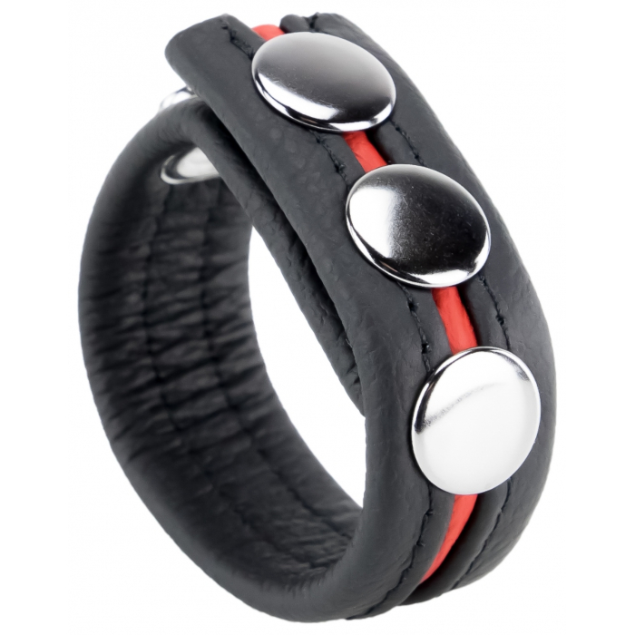 Vegan Leather Cock Ring 3 Buttons Black/Red - Adjustable
