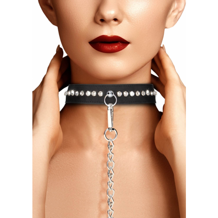 Ouch! Diamond Studded Collar With Leash - Black Ouch! Diamond Studded Collar With Leash - Black